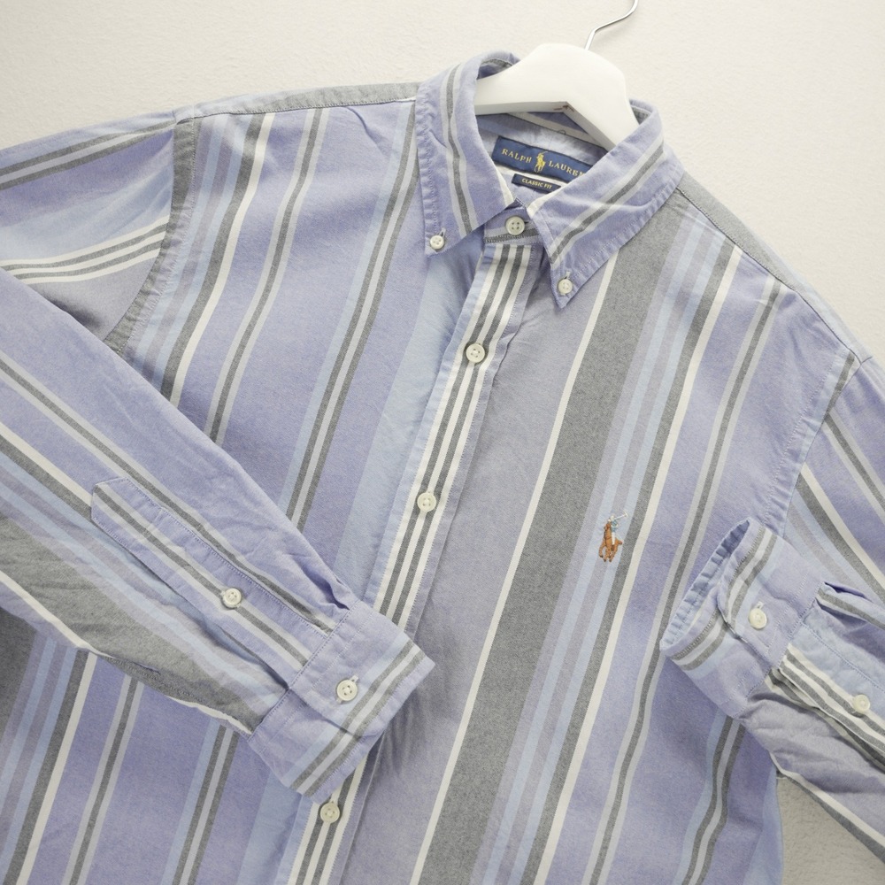 Polo Ralph Lauren Mens Classic Fit Oxford Stripe Button Down Shirt Blue Grey M